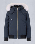 Moose Knuckles Navy Ballistic Bomber Jacket with White Fur Trim