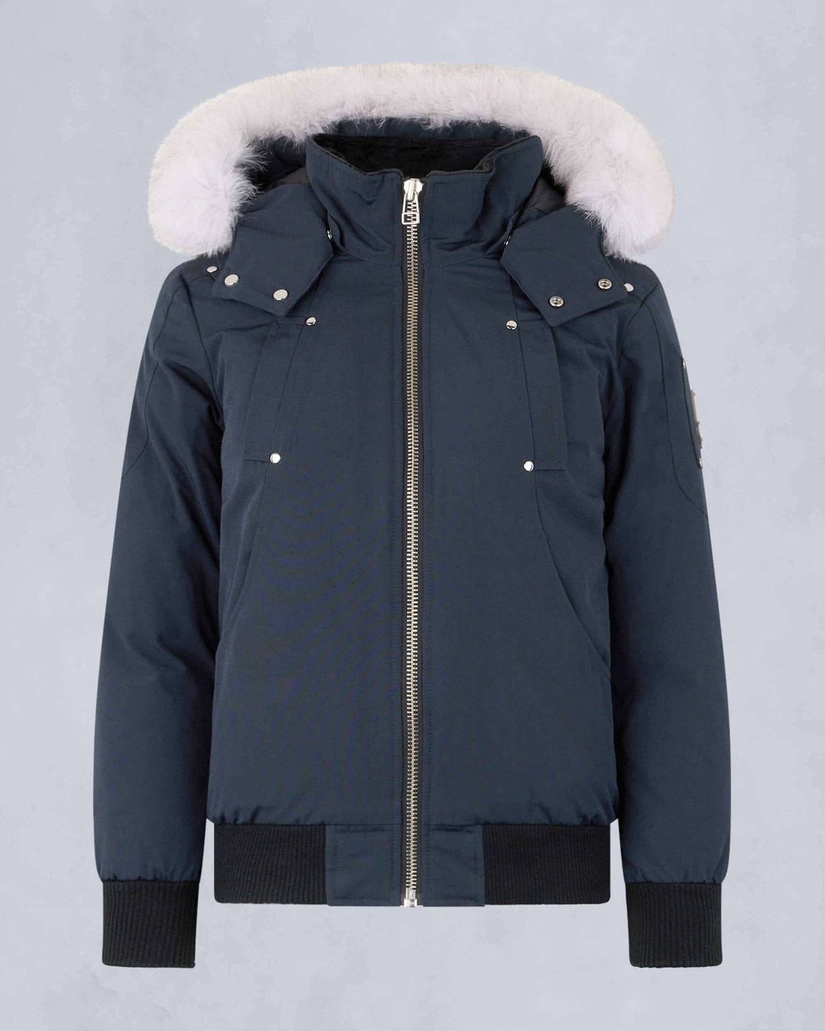 Moose Knuckles Navy Ballistic Bomber Jacket with White Fur Trim