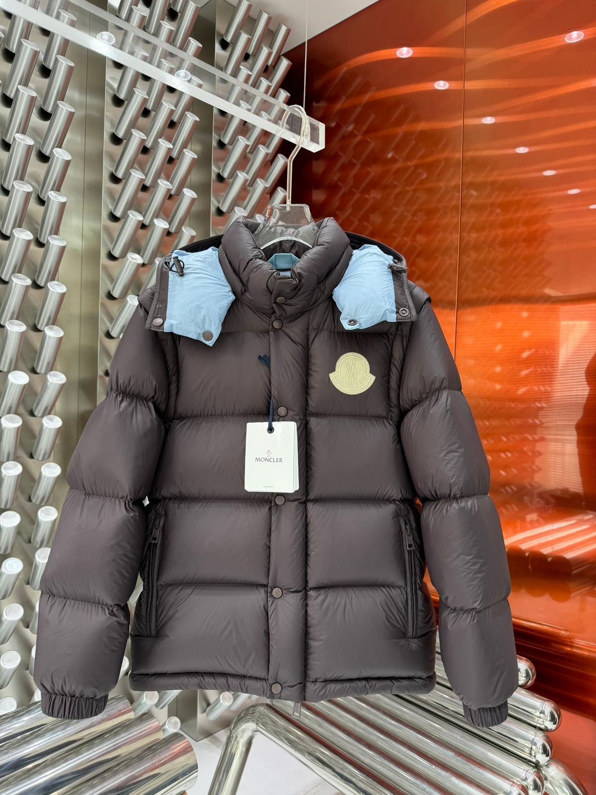 Moncler Chocolate Brown Quilted Down Jacket Powder Blue Hood