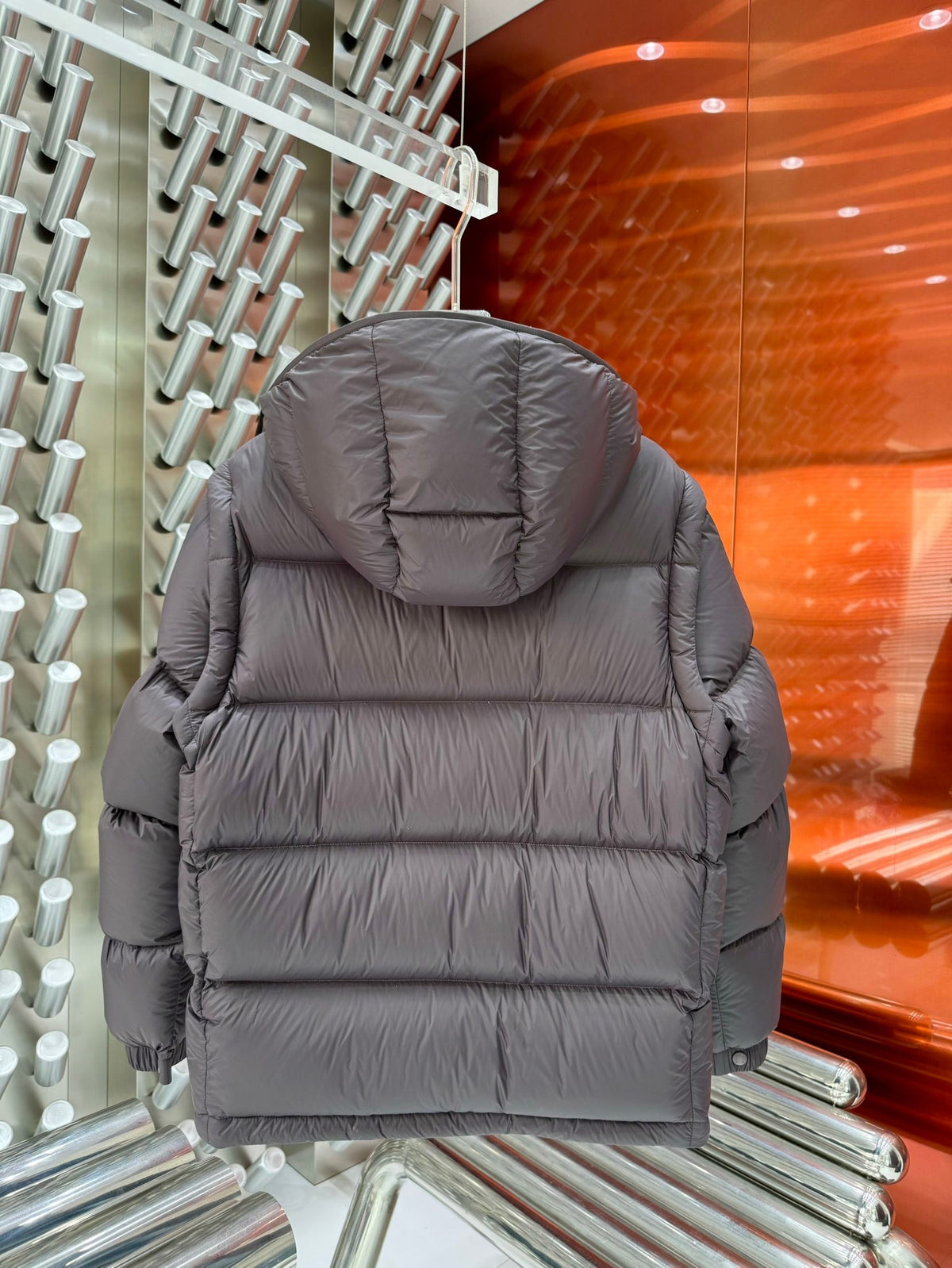 Moncler Chocolate Brown Quilted Down Jacket Powder Blue Hood