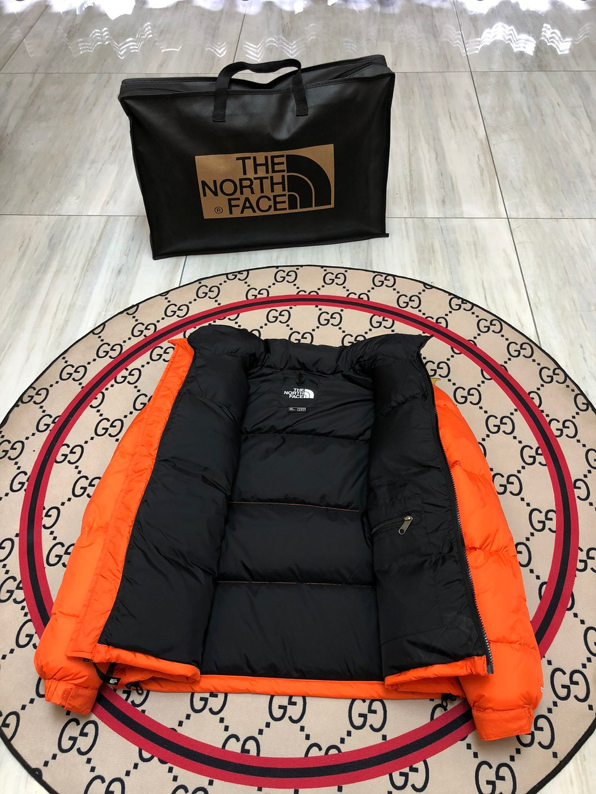 The North Face Orange Nuptse 700-Fill Down Jacket Black Colorblock