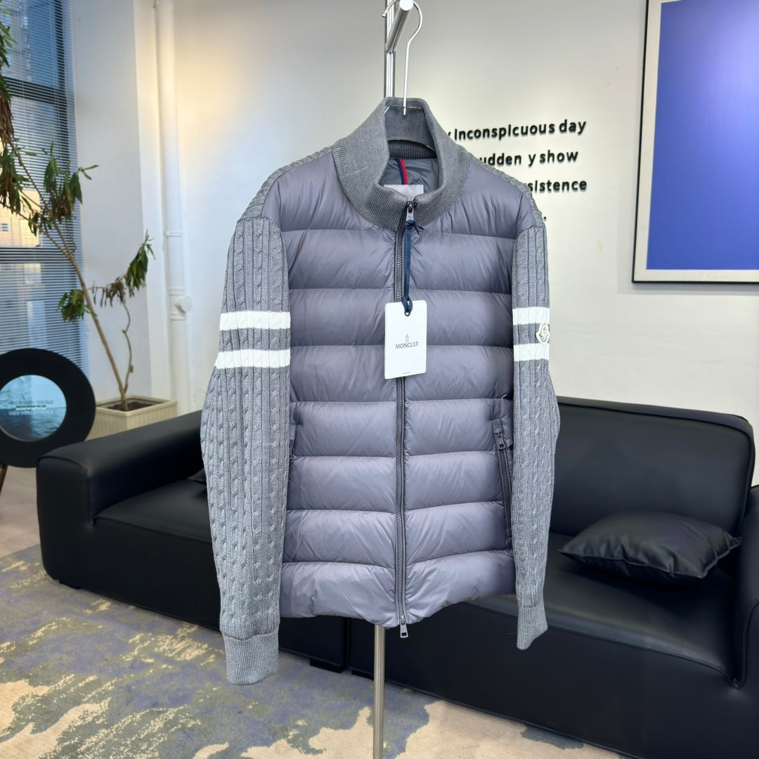 Moncler Grey Down Hybrid Knit Jacket Striped Sleeves