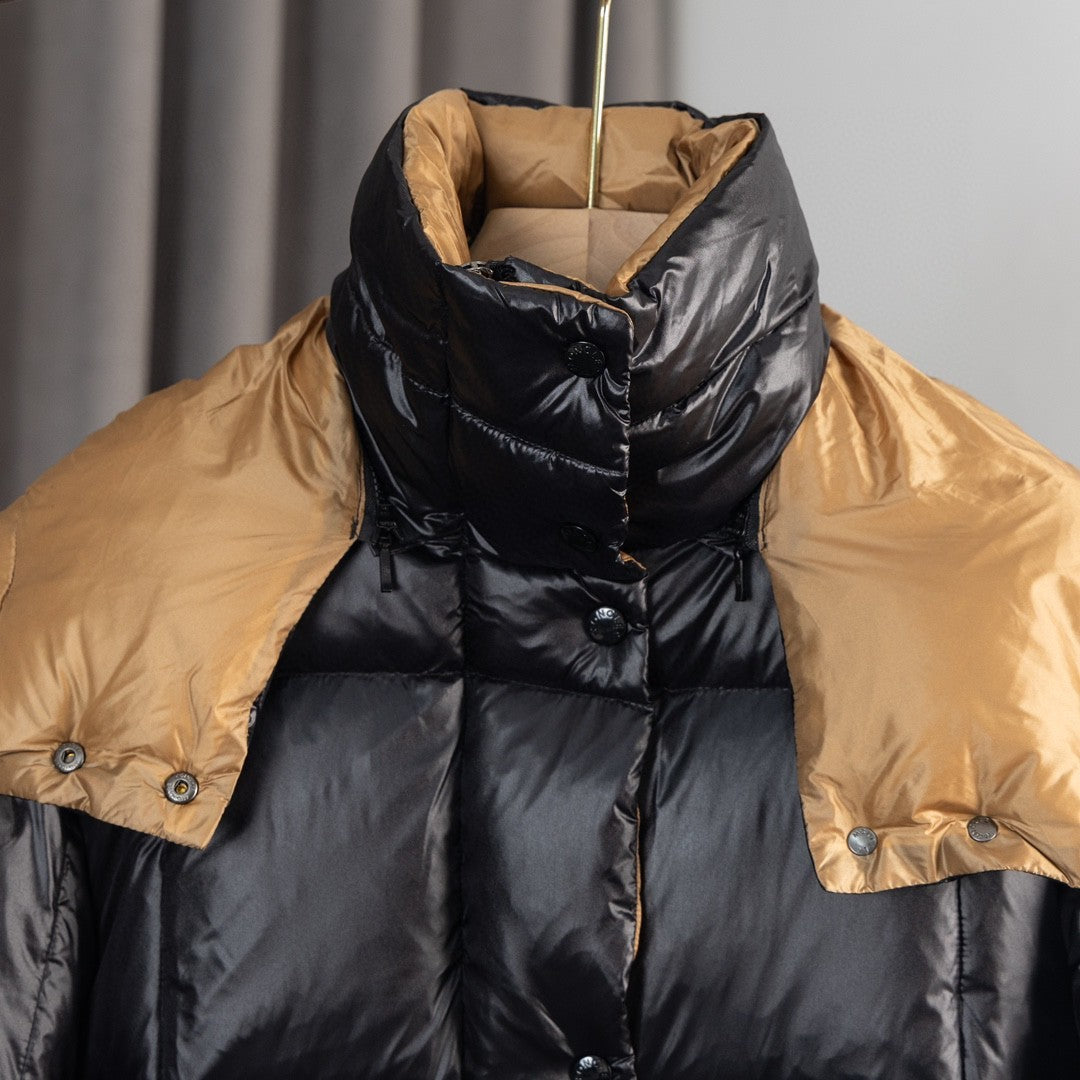 Moncler Black Glossy Down Jacket Camel Hood Gold Logo Zip