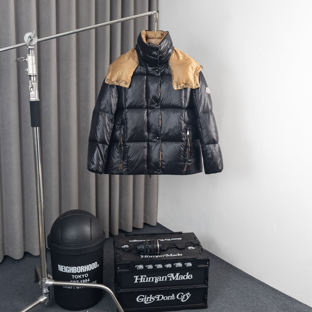Moncler Black Glossy Down Jacket Camel Hood Gold Logo Zip