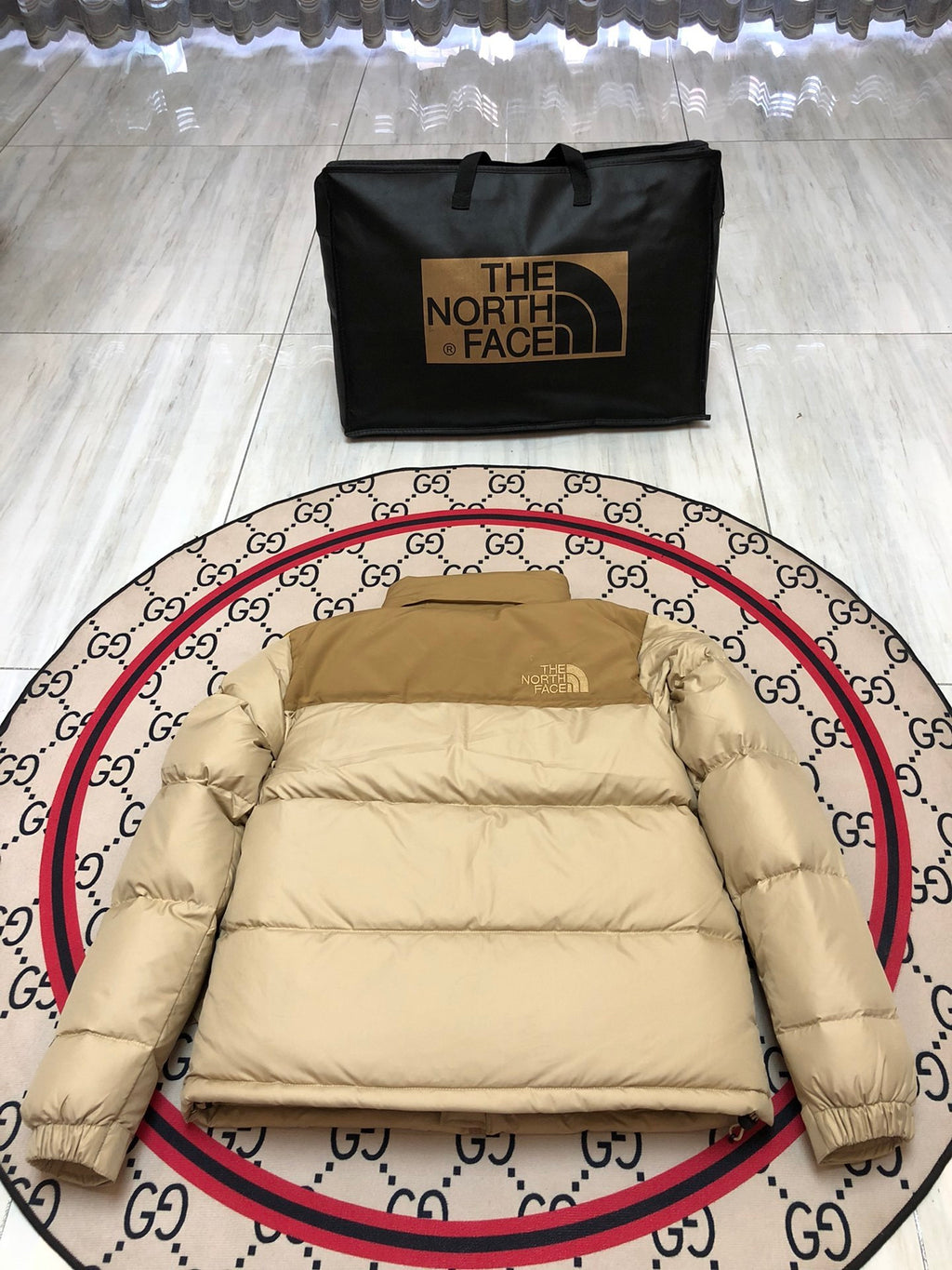 The North Face Cream Nuptse 700-Fill Down Jacket Tan Colorblock