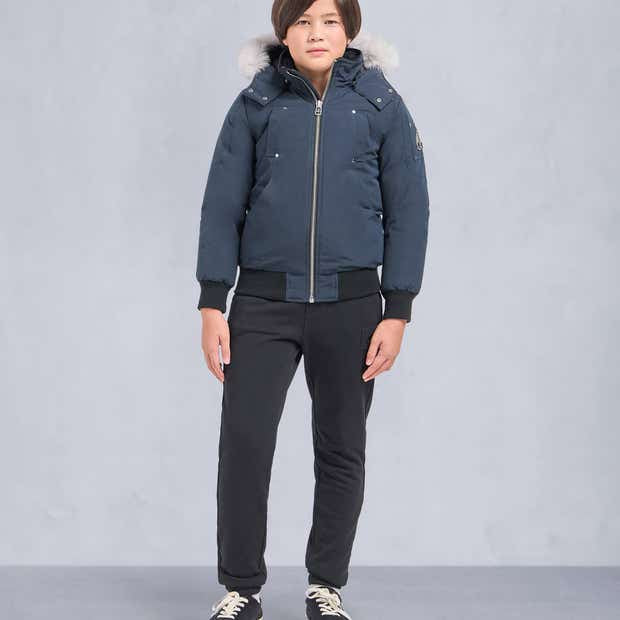 Moose Knuckles Navy Ballistic Bomber Jacket with White Fur Trim