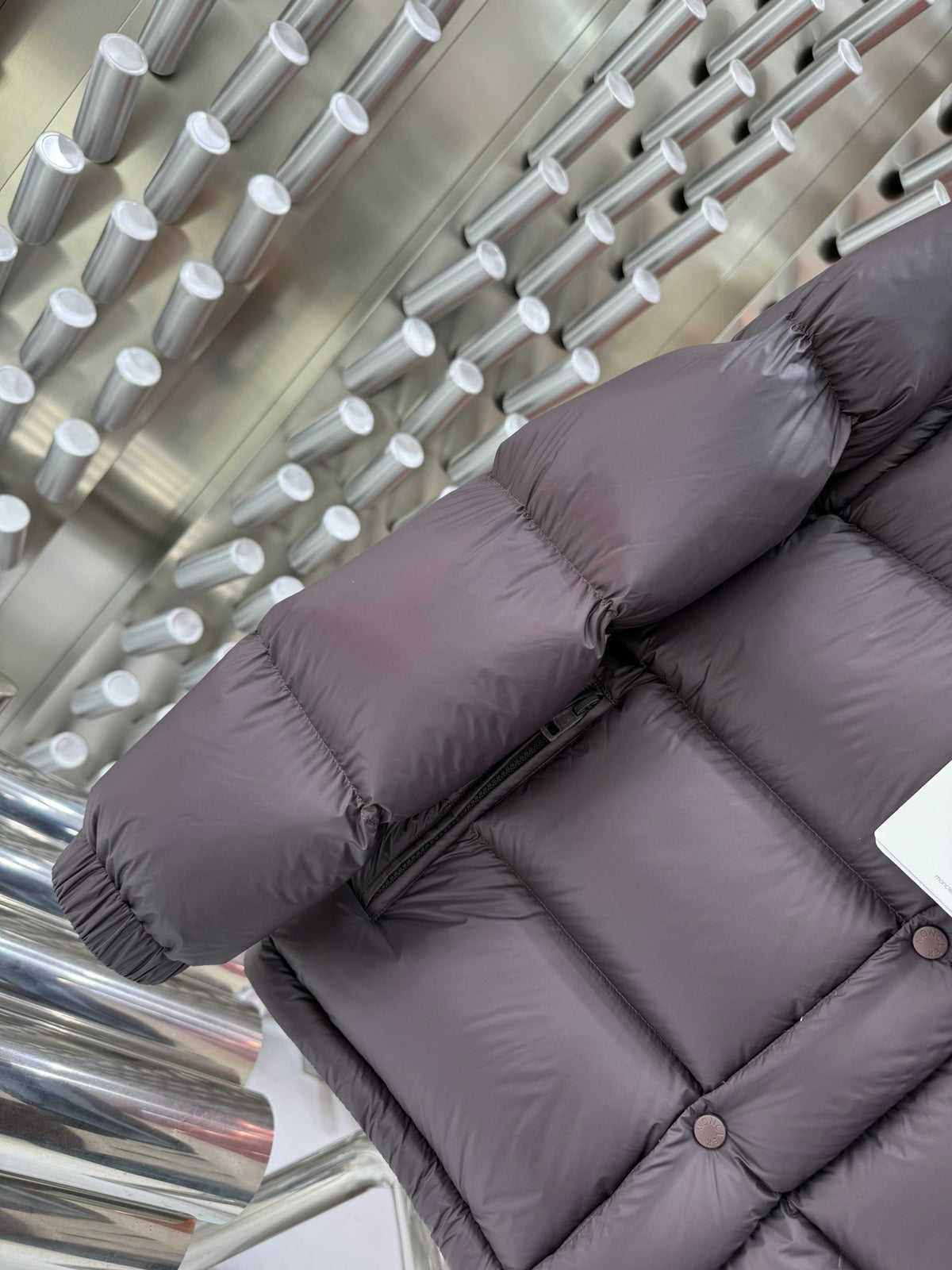 Moncler Chocolate Brown Quilted Down Jacket Powder Blue Hood