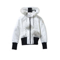 Moose Knuckles White Ballistic Bomber Jacket with Fur Trim