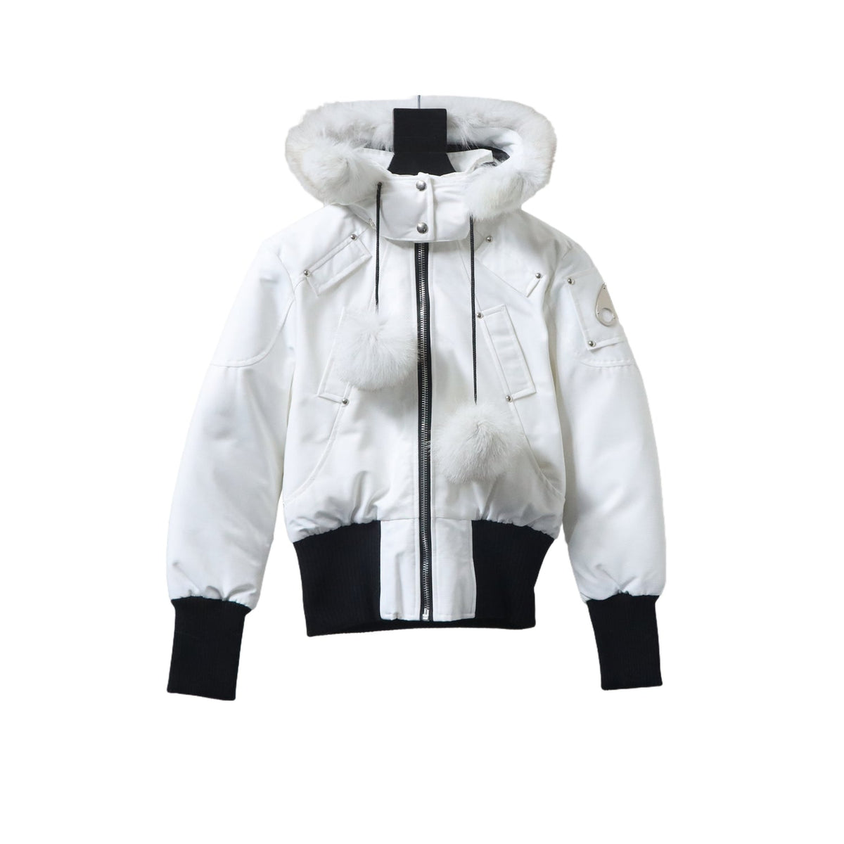 Moose Knuckles White Ballistic Bomber Jacket with Fur Trim