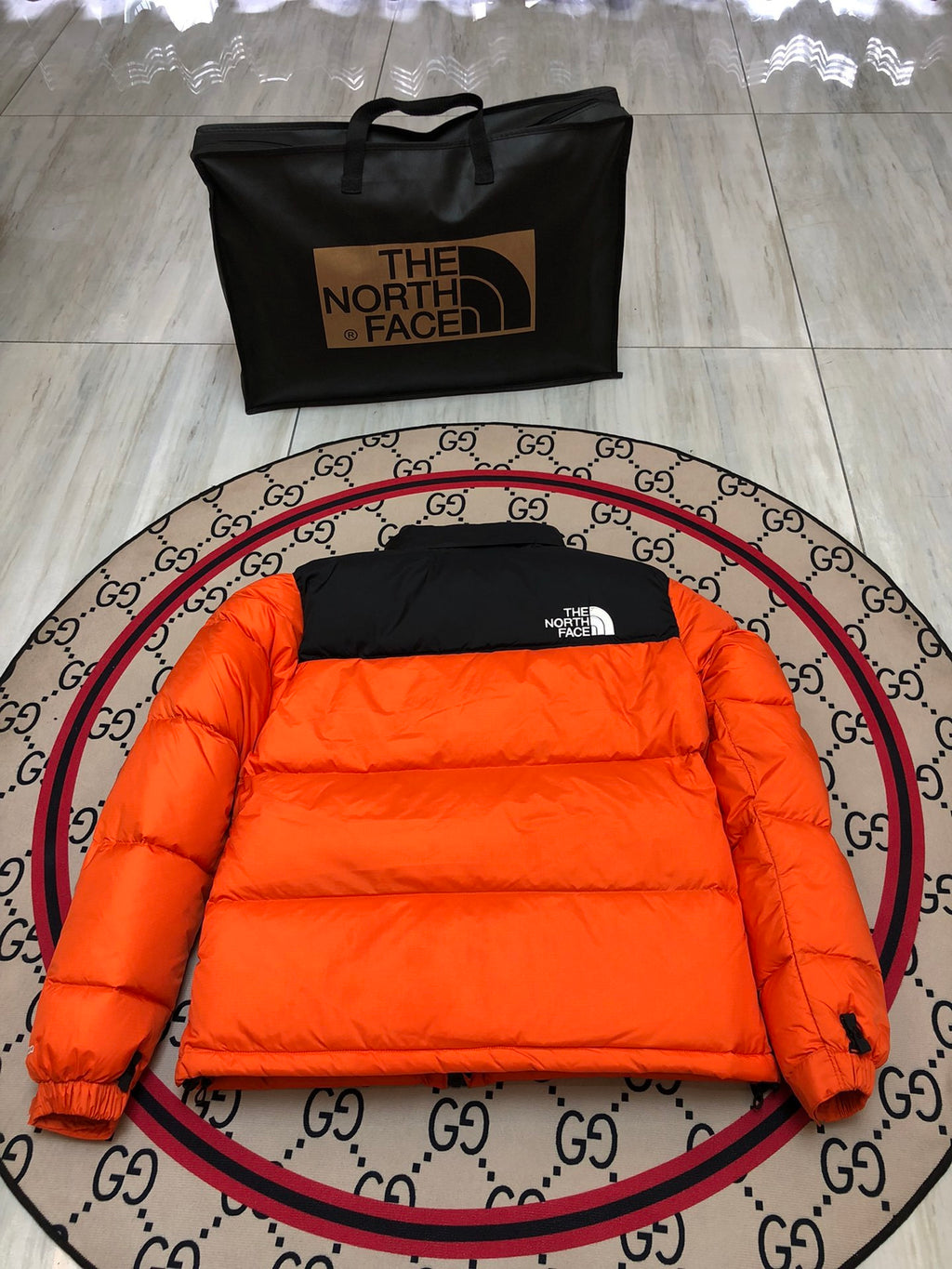 The North Face Orange Nuptse 700-Fill Down Jacket Black Colorblock