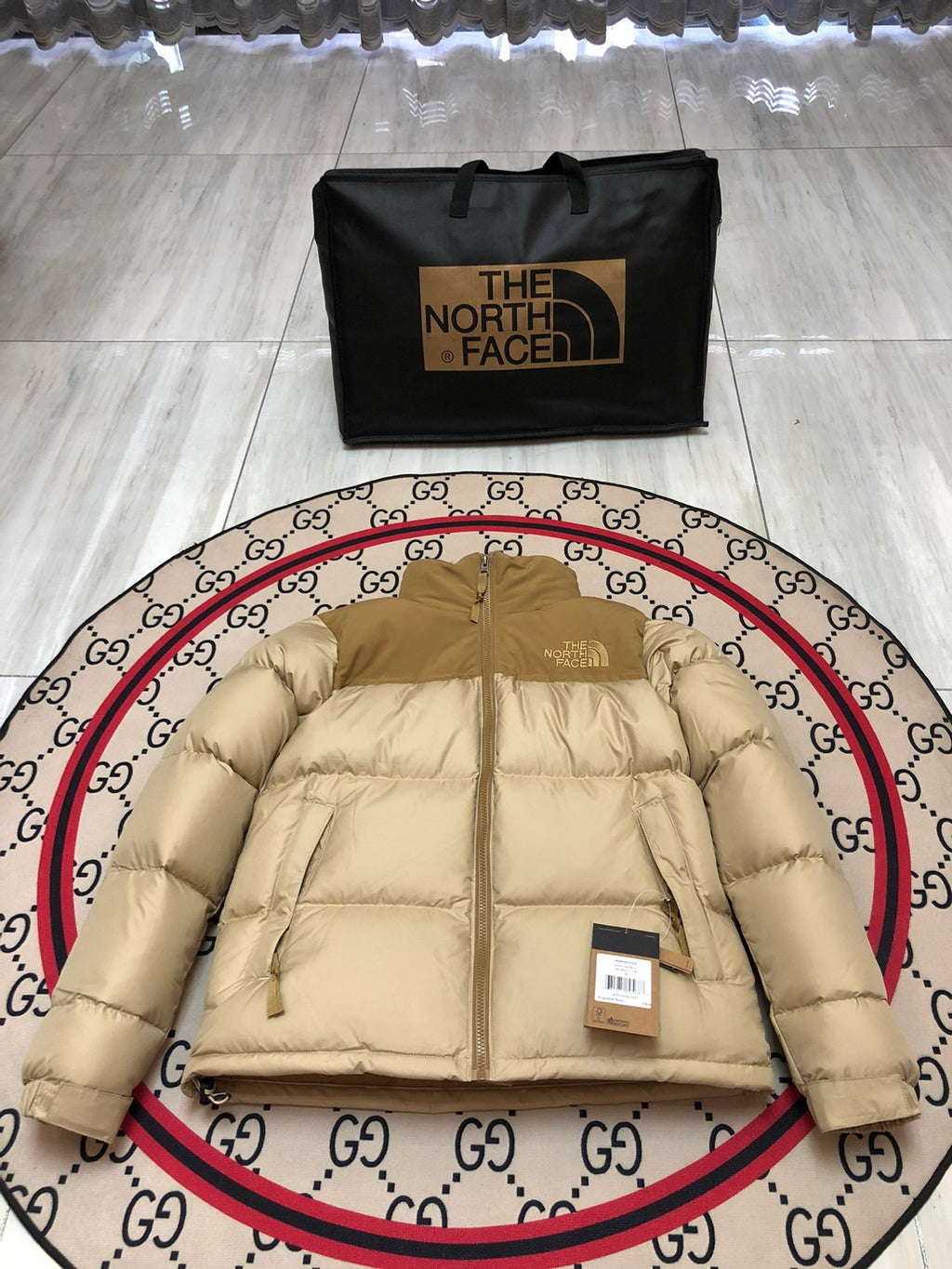 The North Face Cream Nuptse 700-Fill Down Jacket Tan Colorblock
