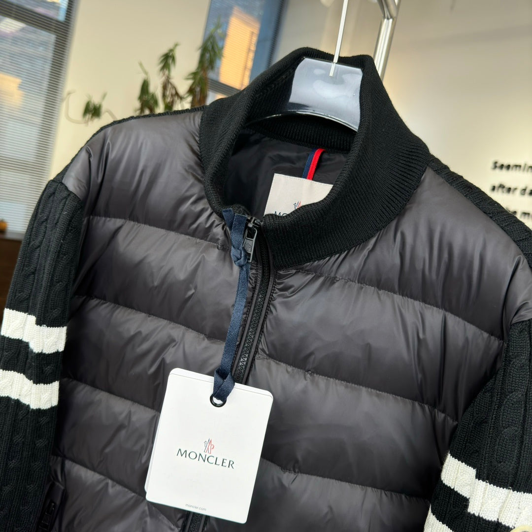 Moncler Black Down Hybrid Knit Jacket Striped Sleeves