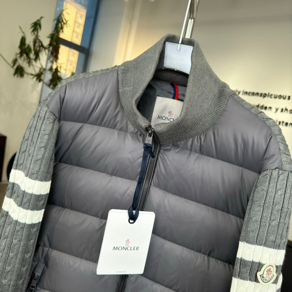 Moncler Grey Down Hybrid Knit Jacket Striped Sleeves