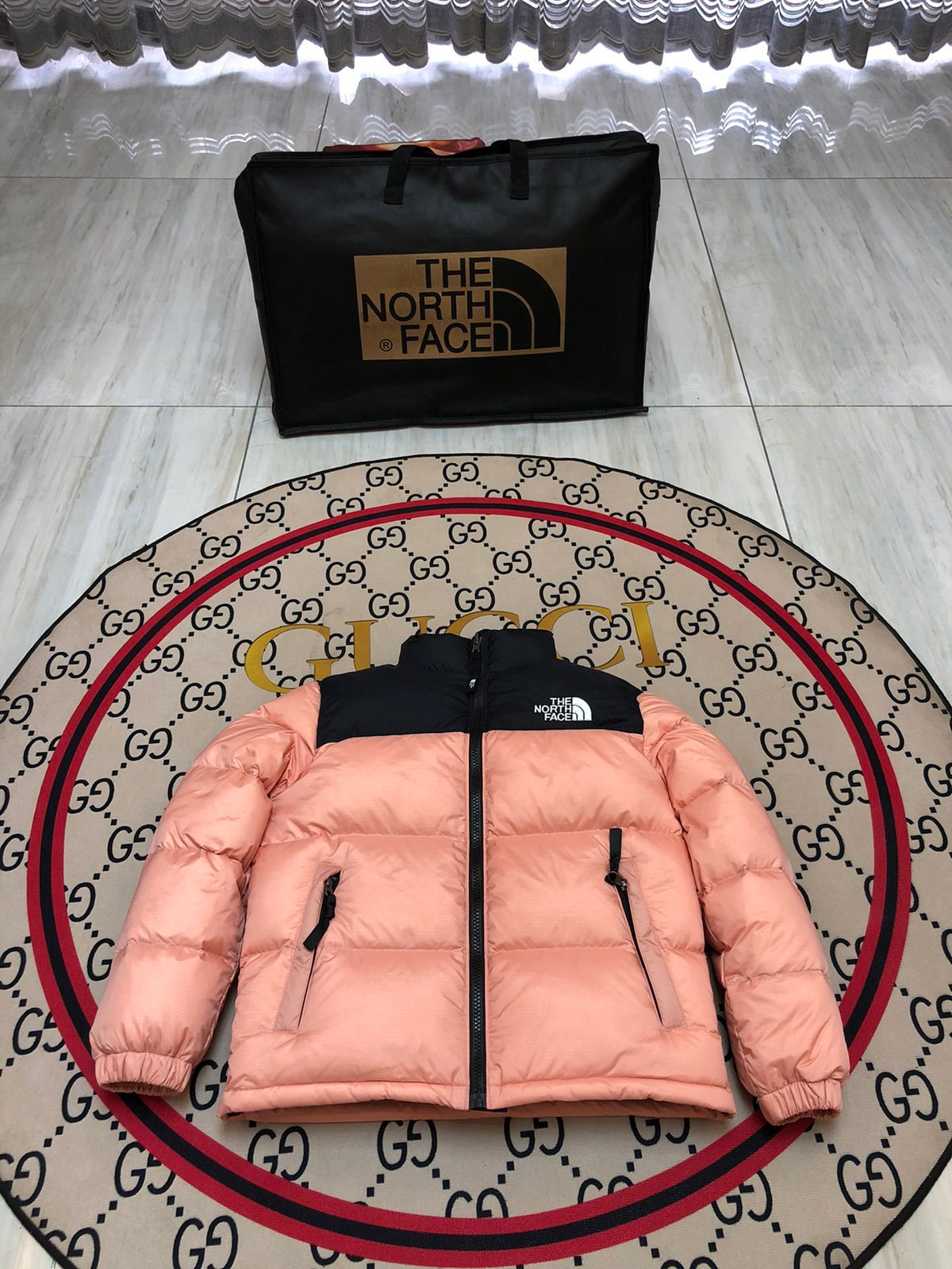 The North Face Pink Nuptse 700-Fill Down Jacket Black Colorblock