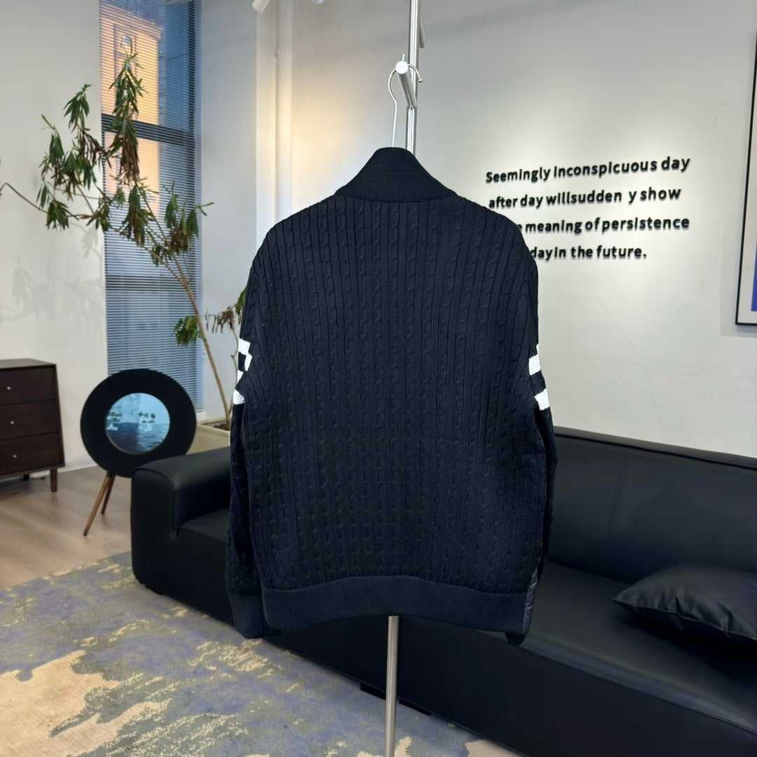 Moncler Black Down Hybrid Knit Jacket Striped Sleeves