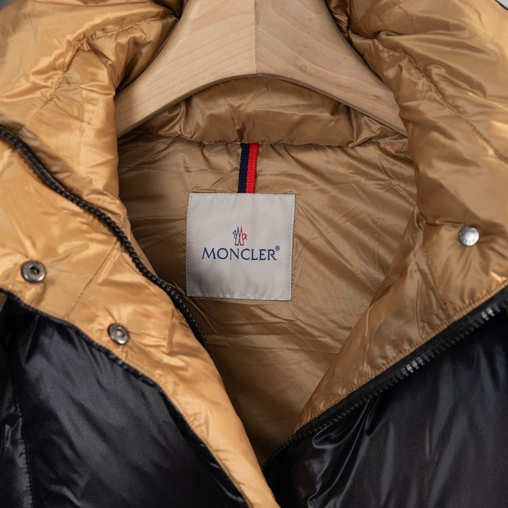 Moncler Black Glossy Down Jacket Camel Hood Gold Logo Zip
