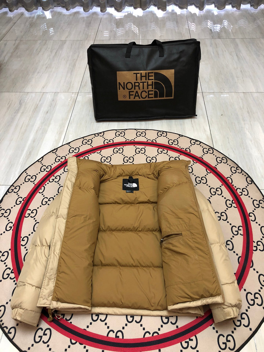 The North Face Cream Nuptse 700-Fill Down Jacket Tan Colorblock
